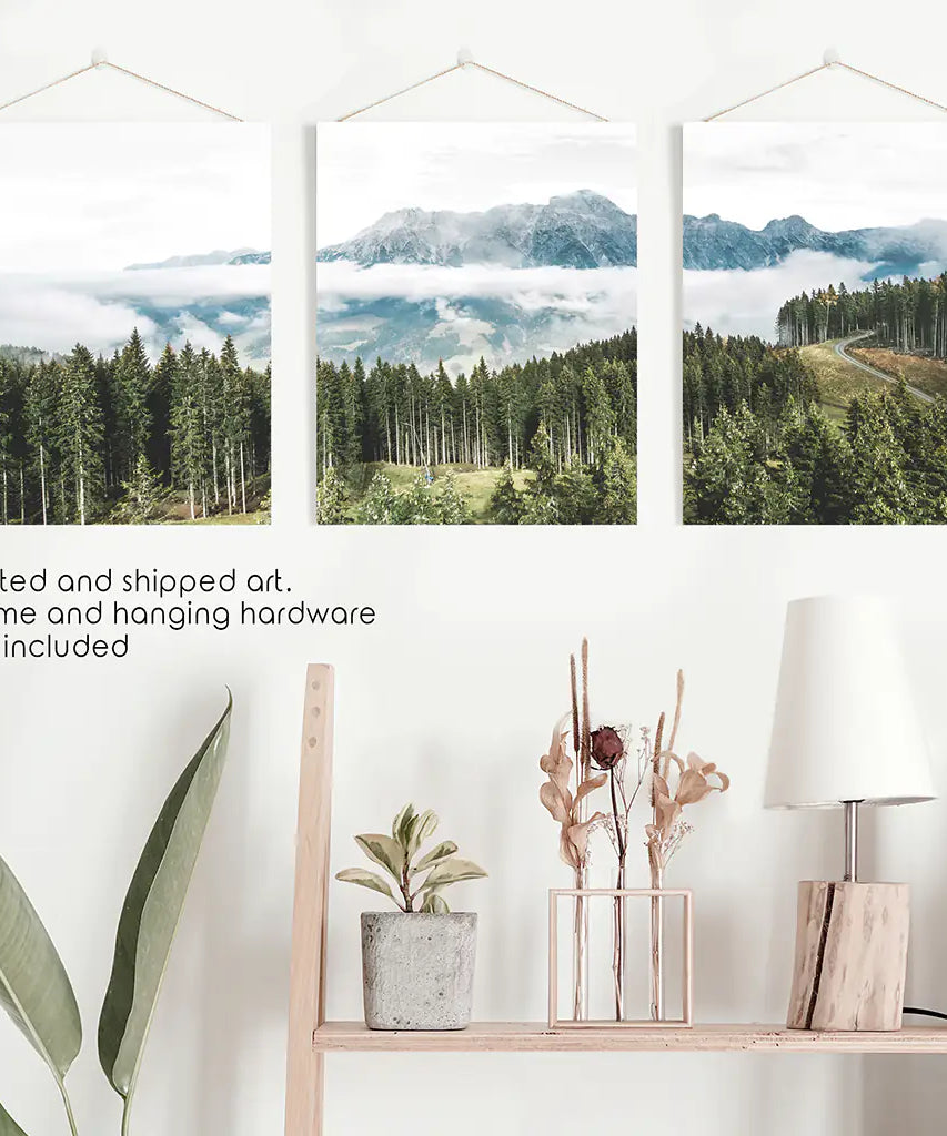 Green Pine Tree Forest. Blue Foggy Mountains. Set of 3 Prints