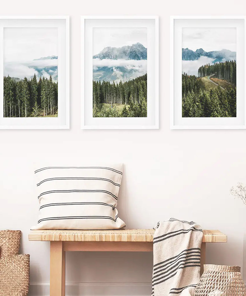 Green Pine Tree Forest. Blue Foggy Mountains. Set of 3 Prints