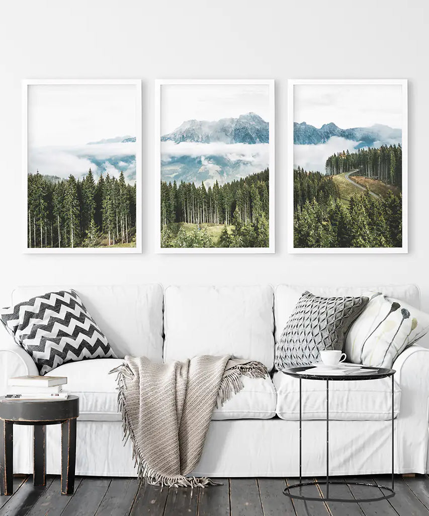 Green Pine Tree Forest. Blue Foggy Mountains. Set of 3 Prints