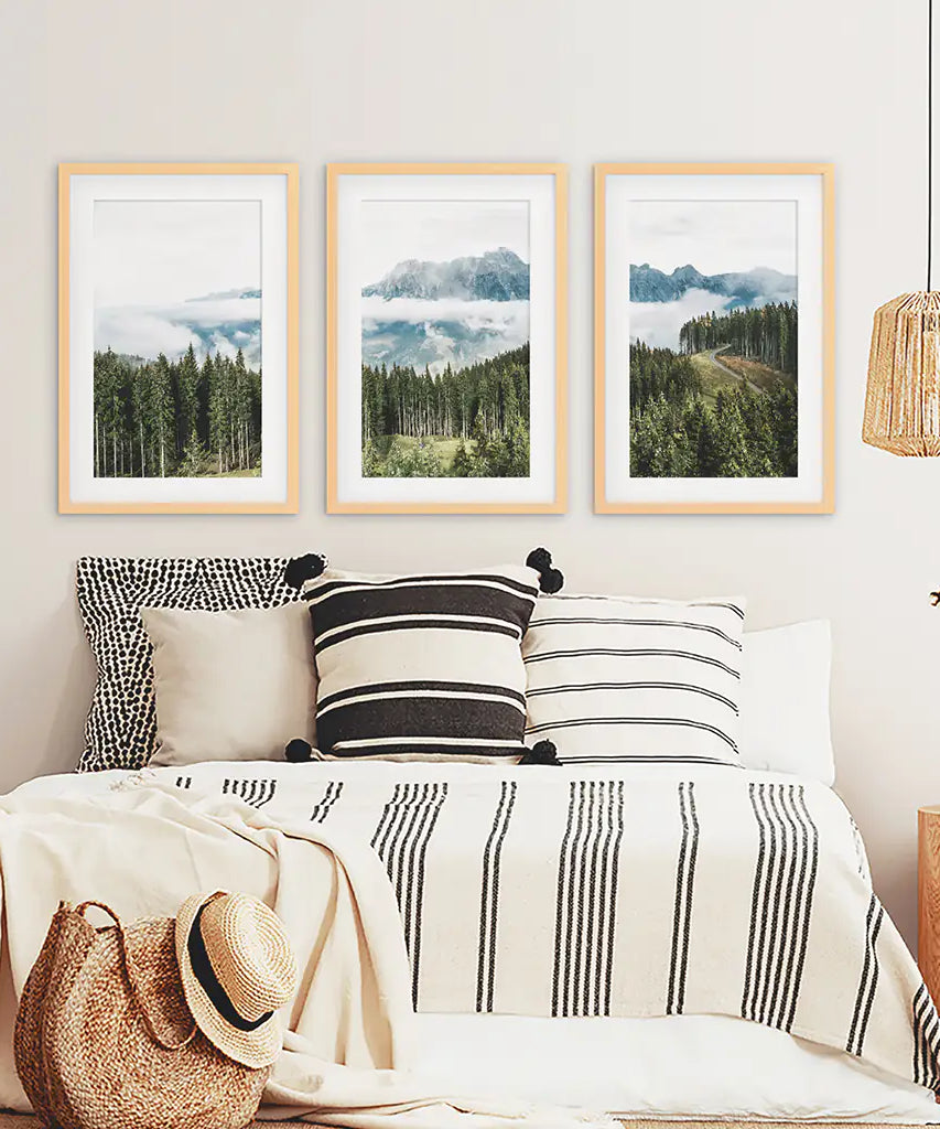 Green Pine Tree Forest. Blue Foggy Mountains. Set of 3 Prints
