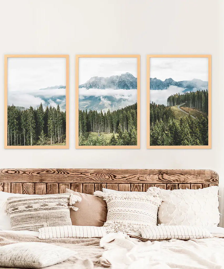 Green Pine Tree Forest. Blue Foggy Mountains. Set of 3 Prints