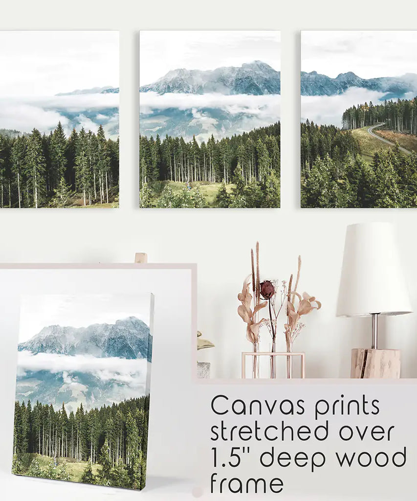 Green Pine Tree Forest. Blue Foggy Mountains. Set of 3 Prints
