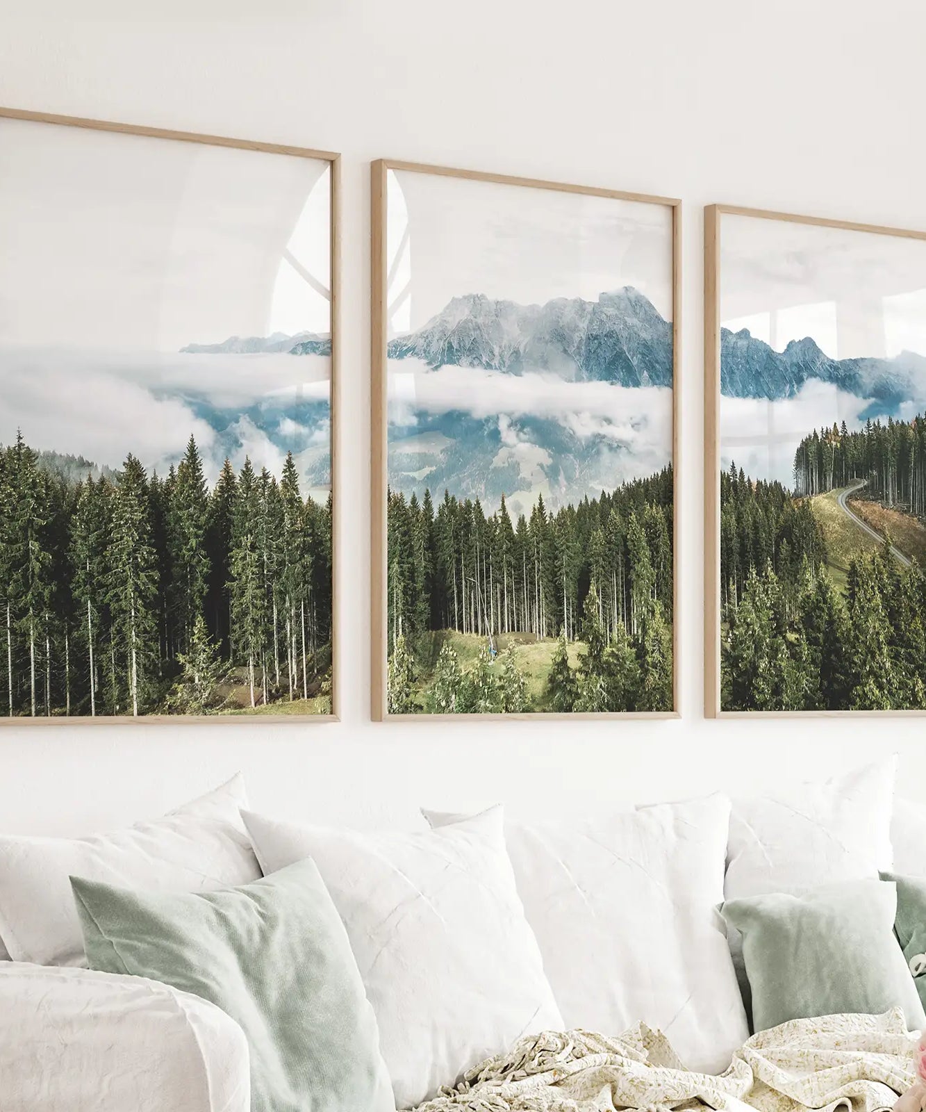Green Pine Tree Forest. Blue Foggy Mountains. Set of 3 Prints