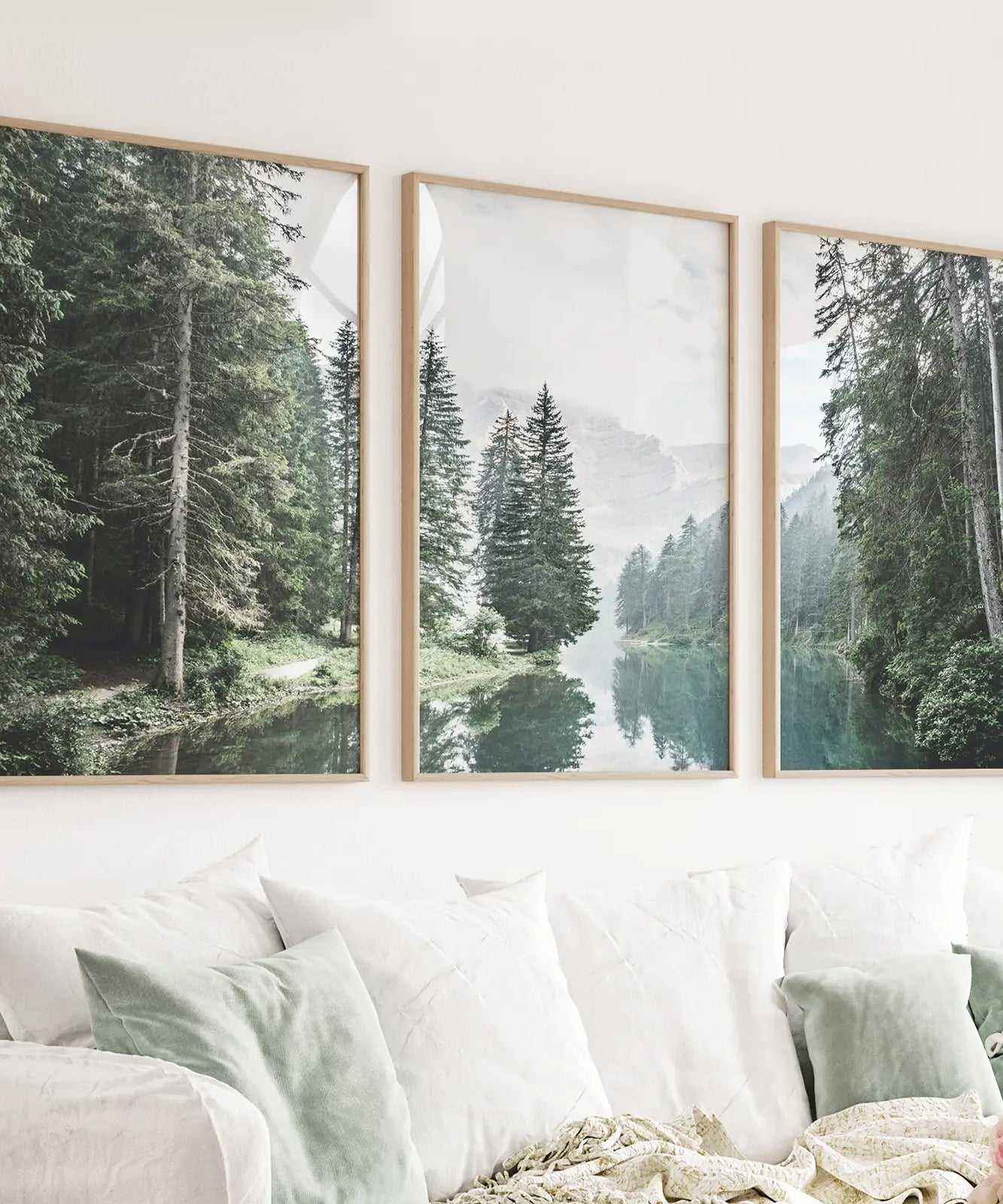 Green Forest River with Trees and Mountain. 3 Piece Wall Art