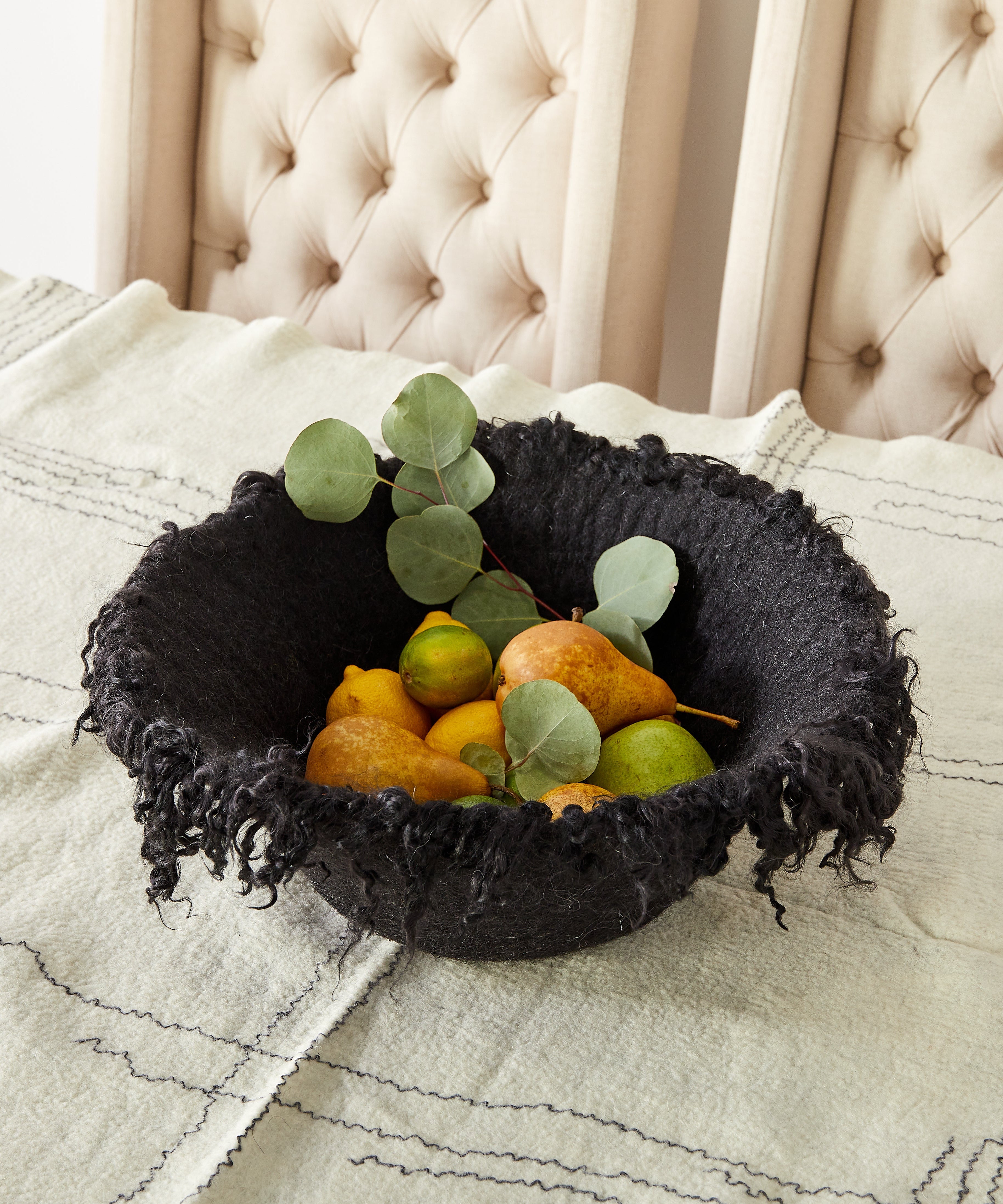 Fringed Skirt Black Decorative Karakul Wool and Mohair Bowl