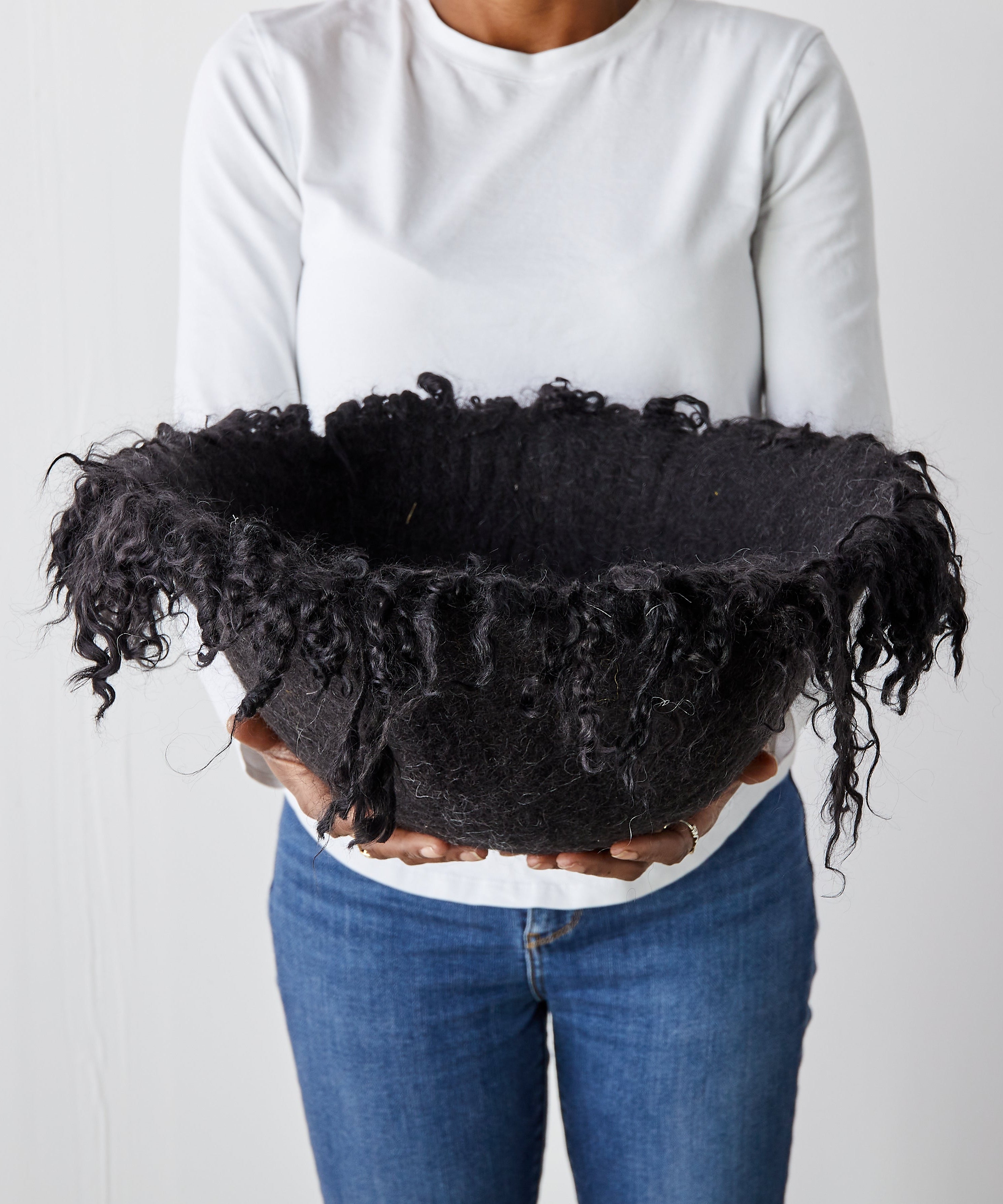 Fringed Skirt Black Decorative Karakul Wool and Mohair Bowl