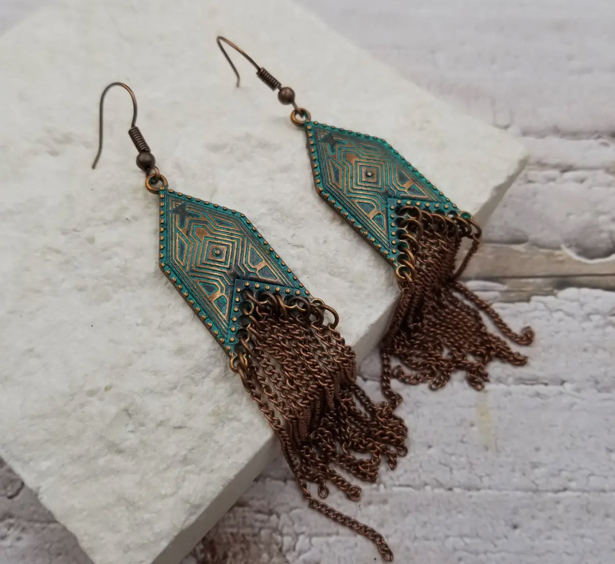 Boho Patina Geometric Fringe Earrings
