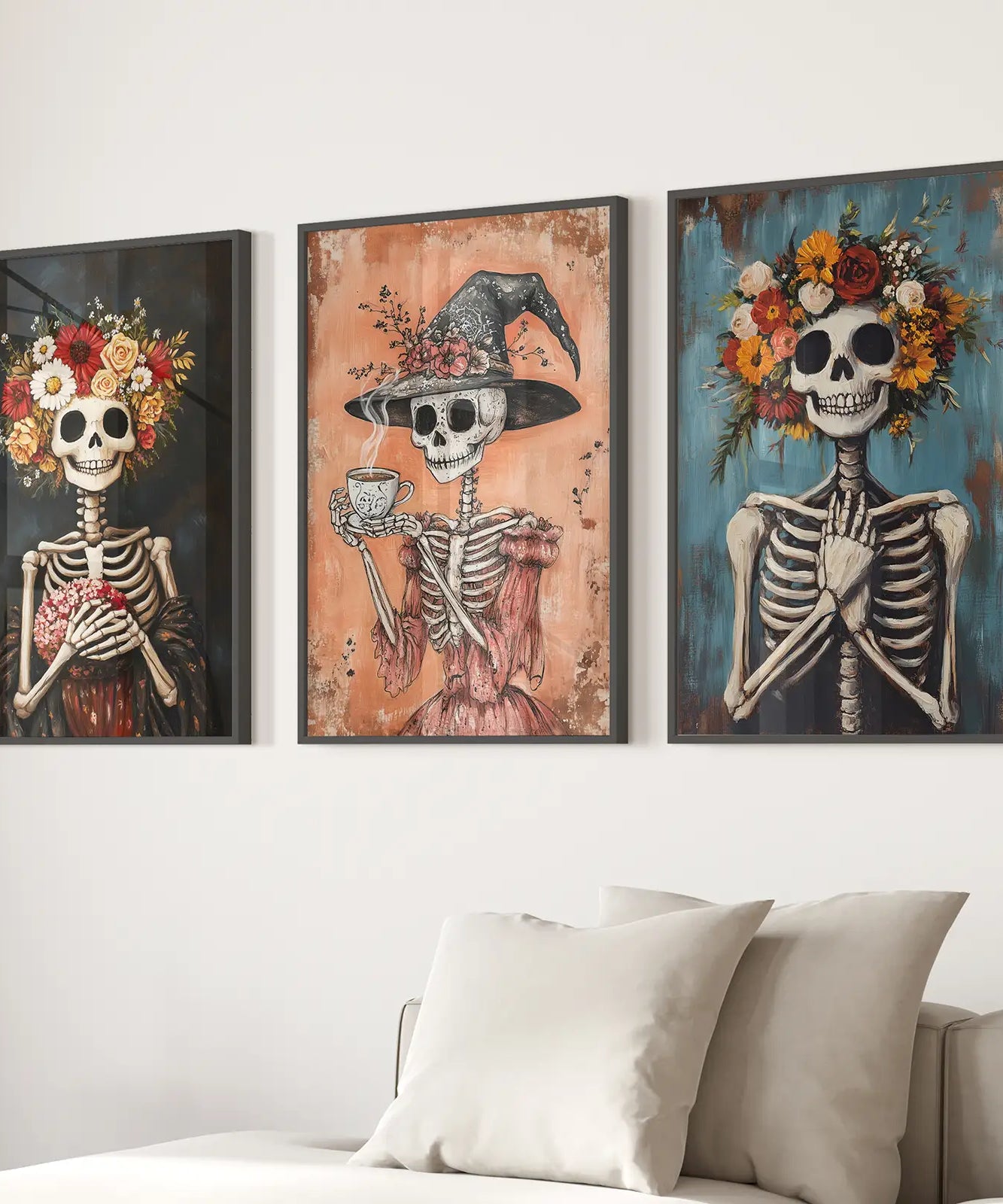 Gemütliches Blumen-Skelett-Wandkunst-Deko-Poster-Set
