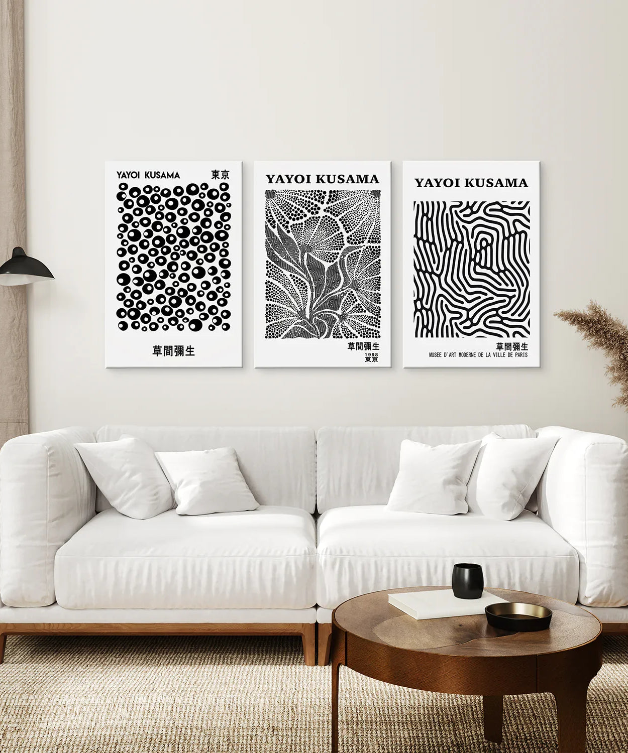 Schwarz-Weißes 3-teiliges abstraktes Kusama-Kunstset