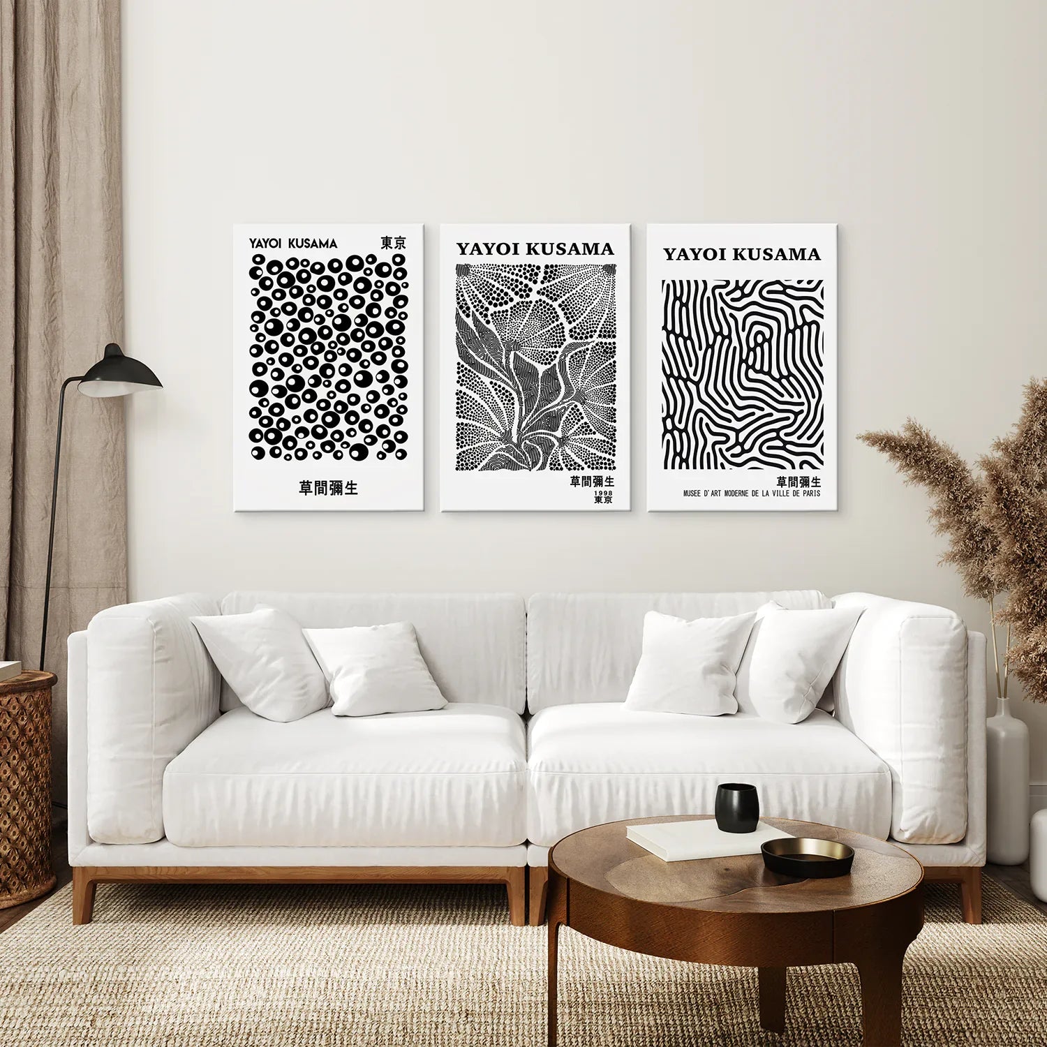 Schwarz-Weißes 3-teiliges abstraktes Kusama-Kunstset