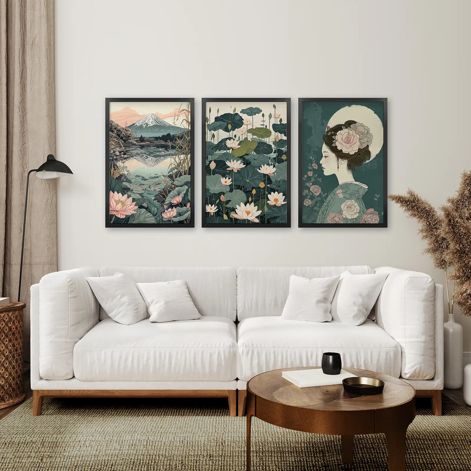 Japanische Natur Wandbilder Set. Geisha Poster, Fuji Berg