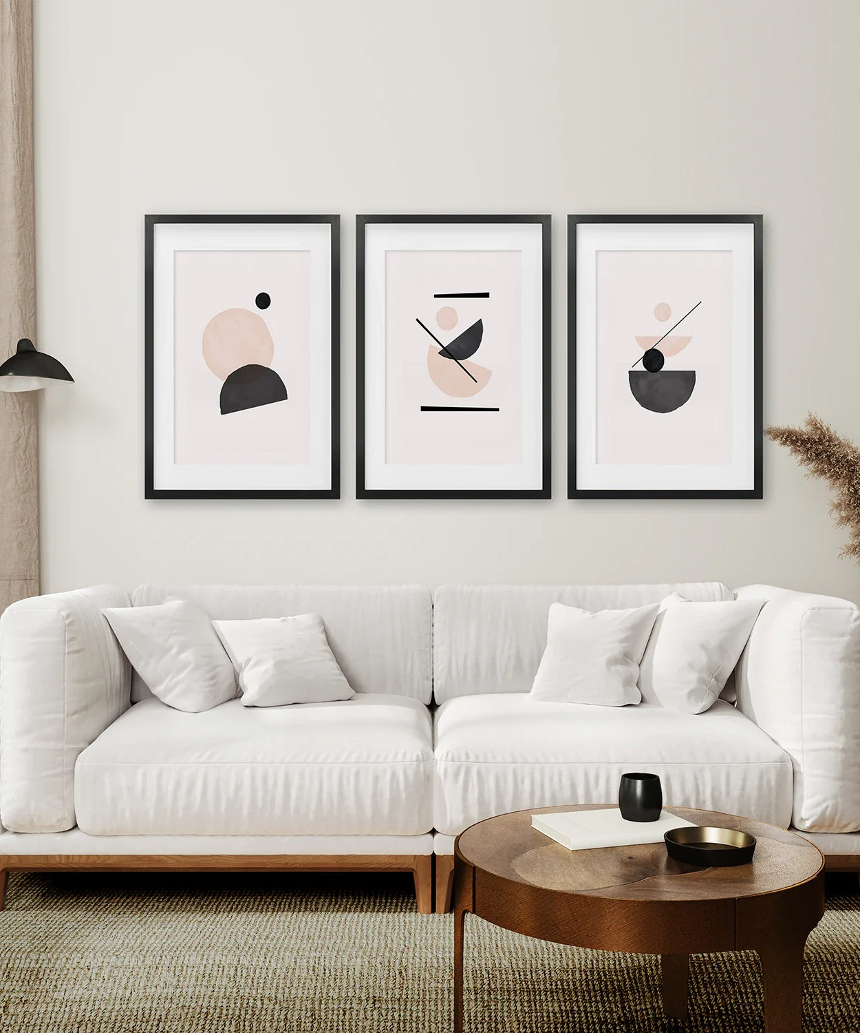 3-teiliges abstraktes Wandbild, Mid-Century-Stil. Beige und Schwarz