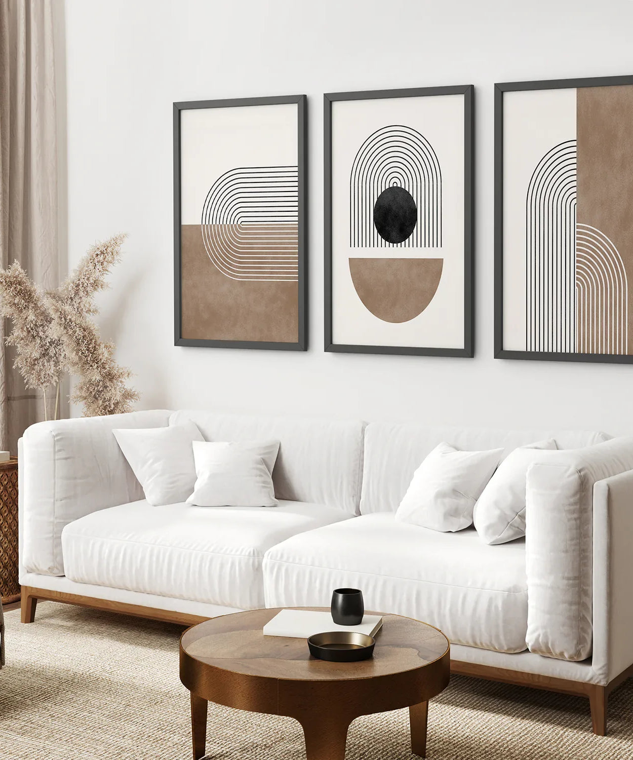 Geometrische Abstrakte Bögen, 3-teiliges Set. Schwarz und Beige