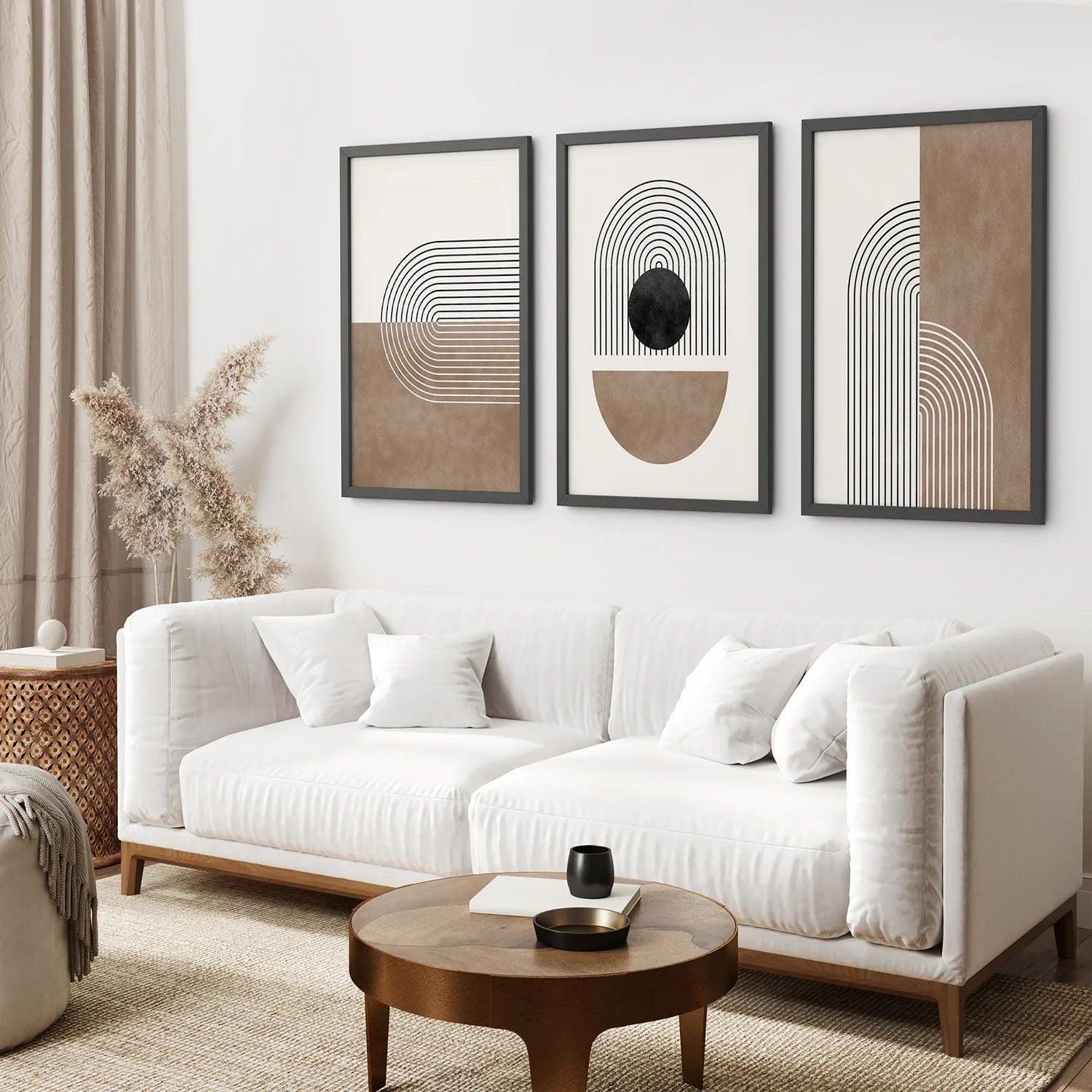 Geometrische Abstrakte Bögen, 3-teiliges Set. Schwarz und Beige