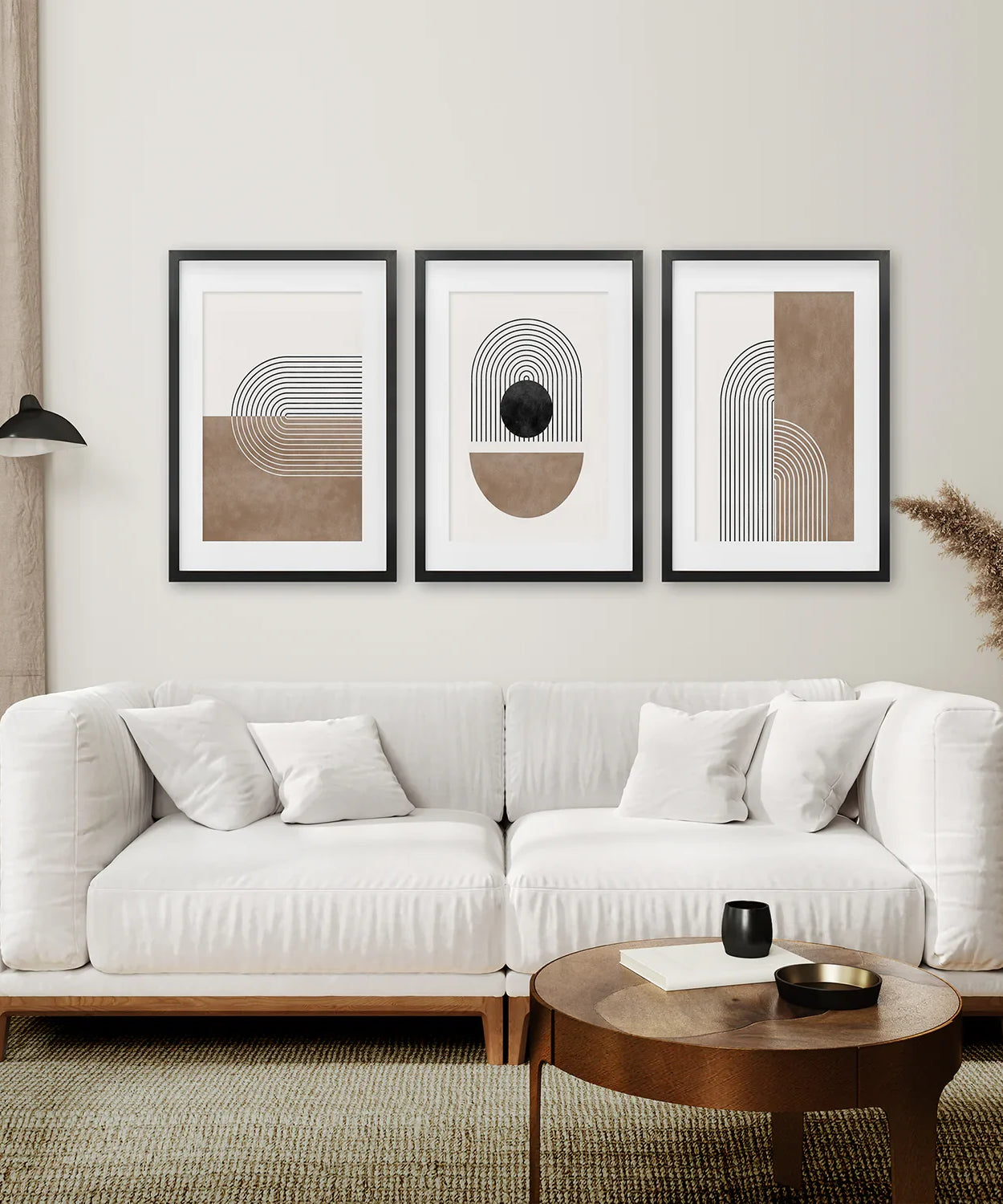 Geometrische Abstrakte Bögen, 3-teiliges Set. Schwarz und Beige