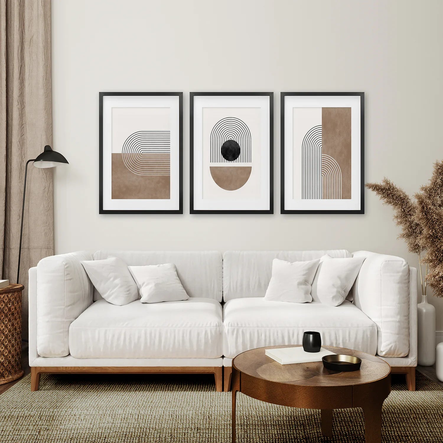 Geometrische Abstrakte Bögen, 3-teiliges Set. Schwarz und Beige