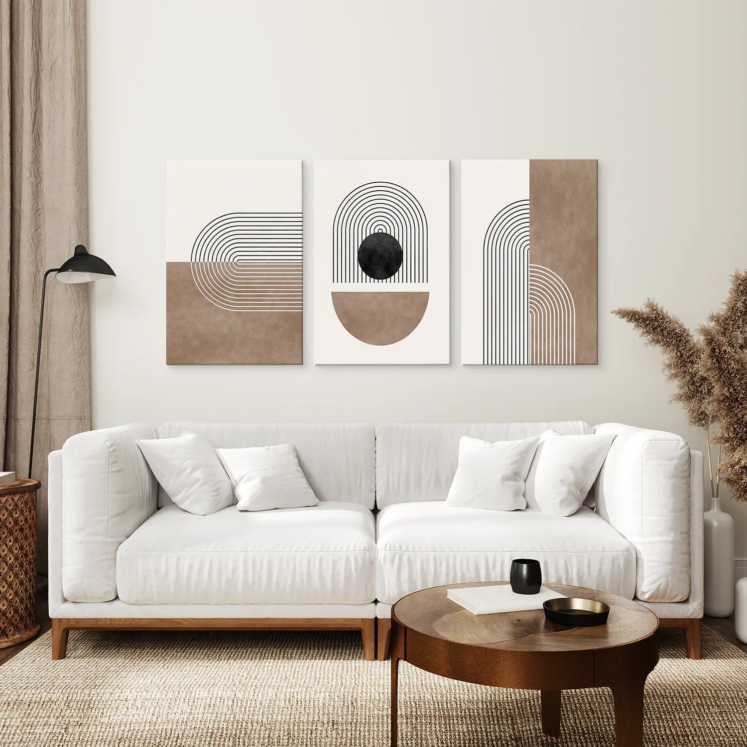 Geometrische Abstrakte Bögen, 3-teiliges Set. Schwarz und Beige