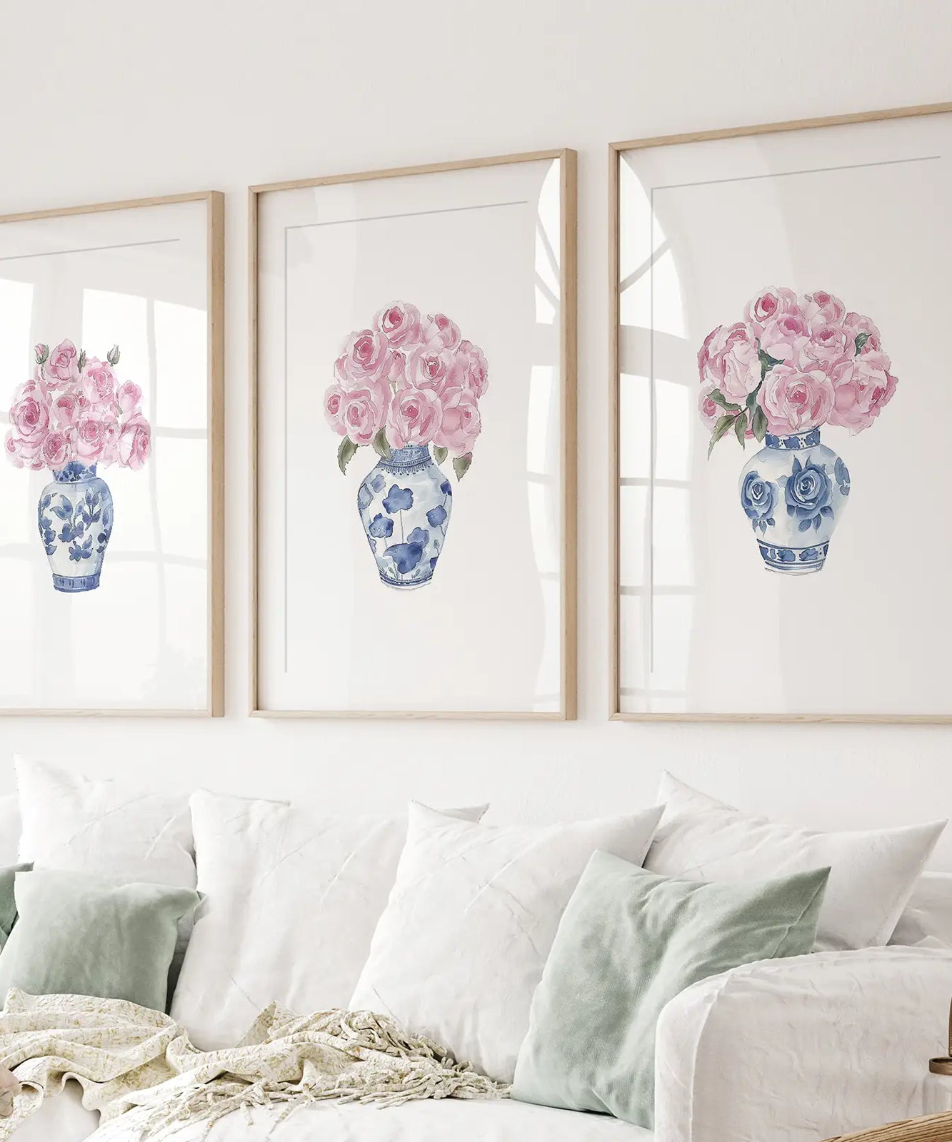 Blue Chinoiserie Watercolor Roses Art Print Set