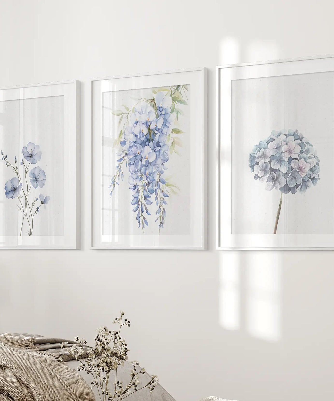 3er Set Blaue minimalistische Aquarell Blumen-Kunstdrucke