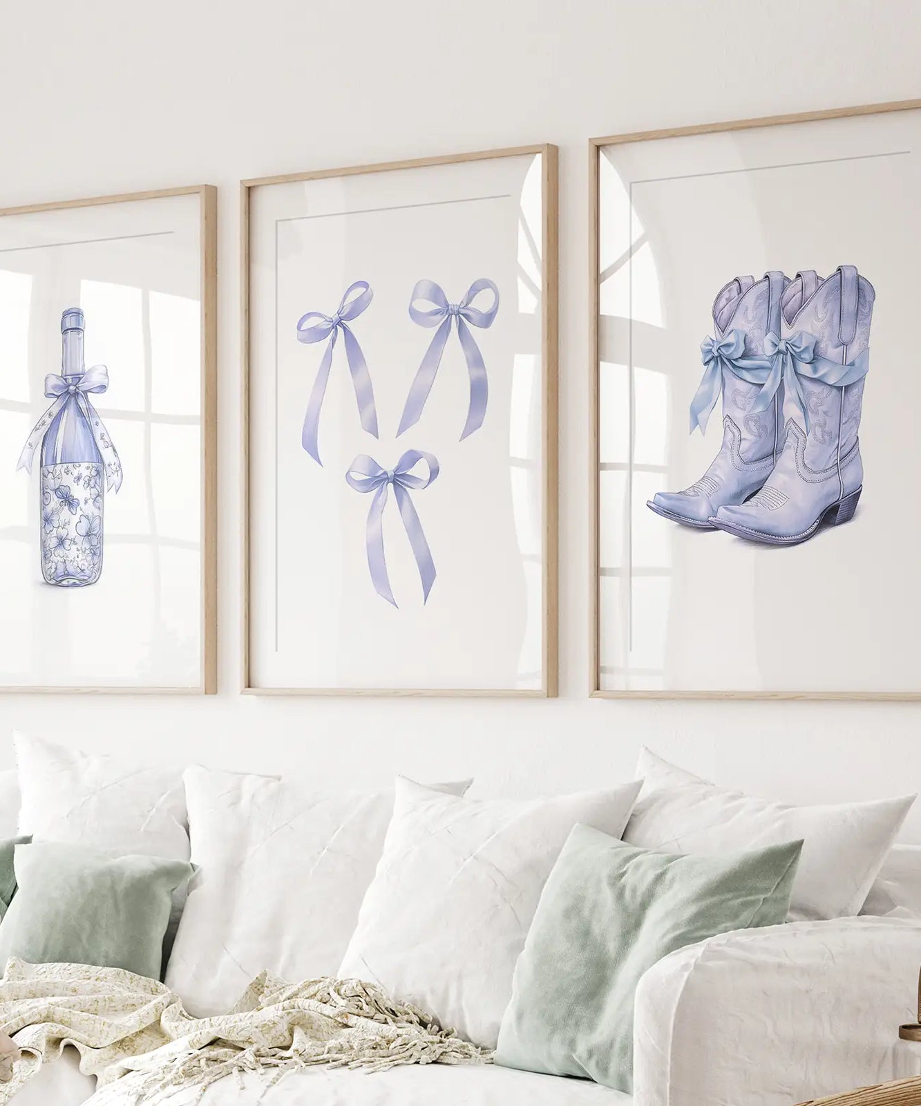 Trendige blaue Schleifen mädchenhaft Wandkunst 3er-Set Druck
