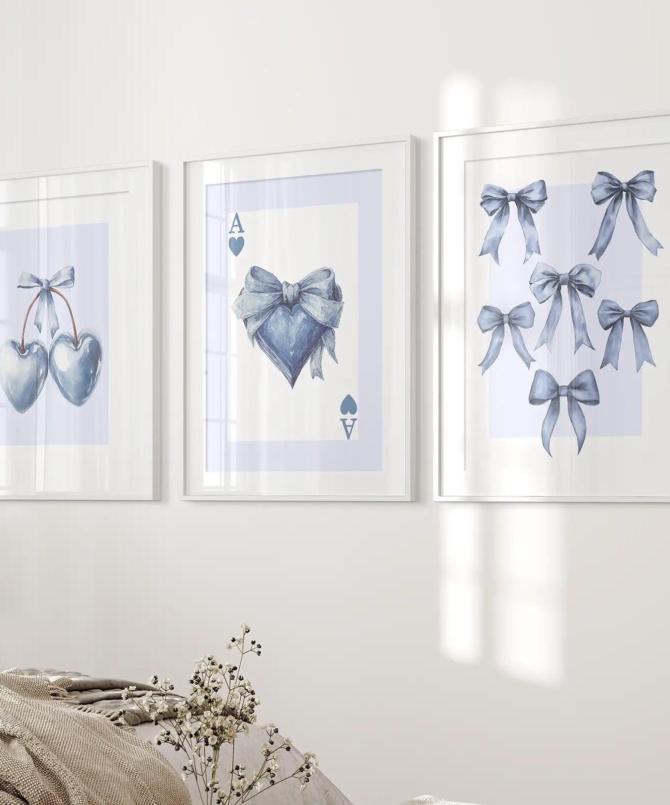 Blue Coquette Bows Wall Art Set of 3 Prints Decor