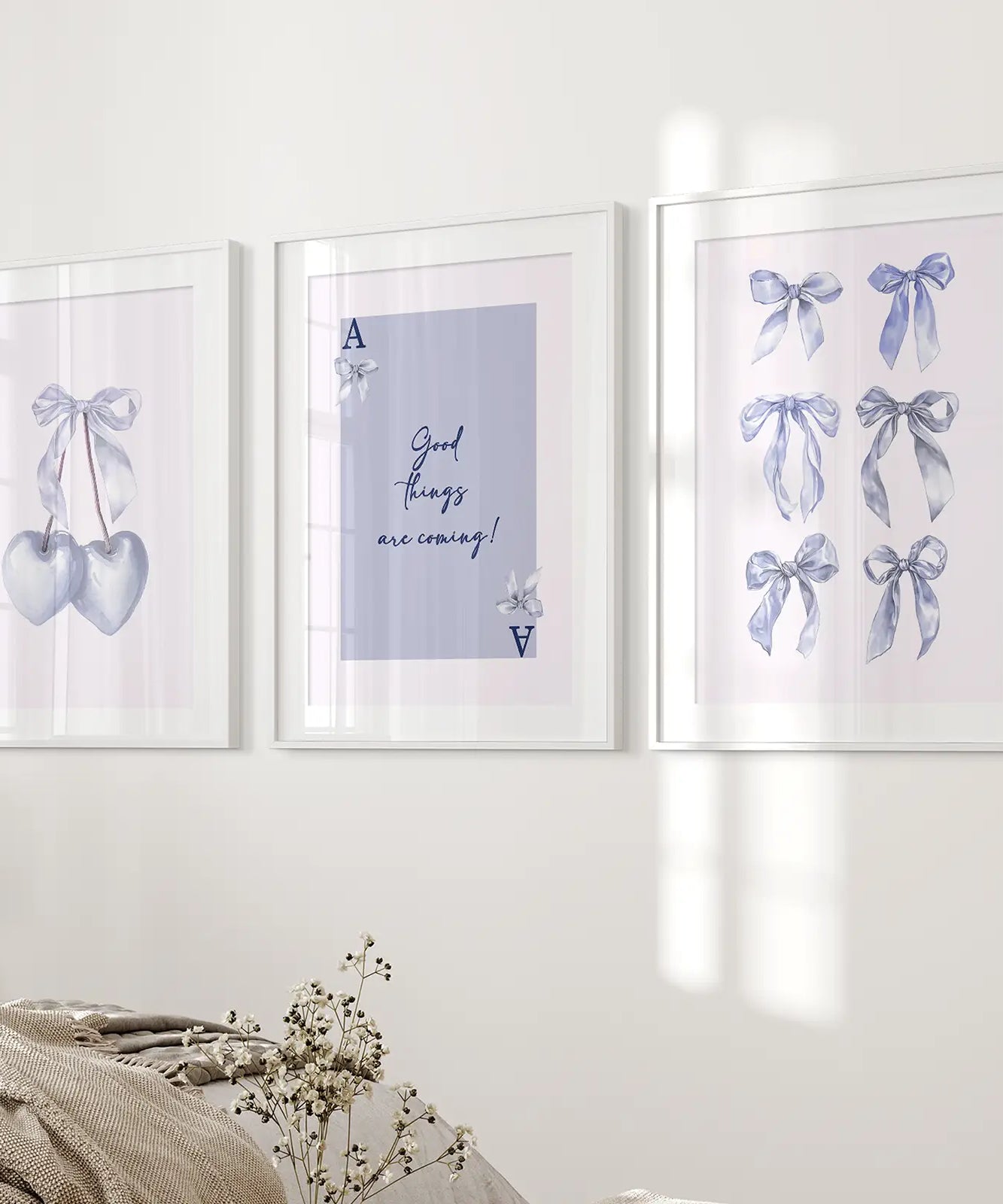 Trendige blaue Schleifen Preppy Poster Girly Deko Kunst Set