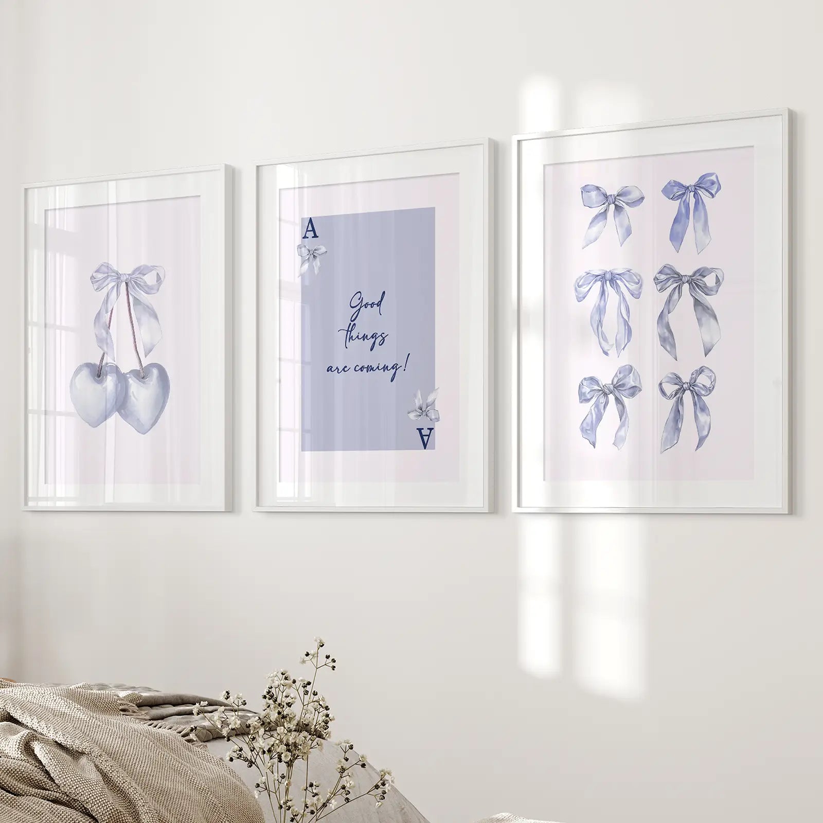 Trendige blaue Schleifen Preppy Poster Girly Deko Kunst Set