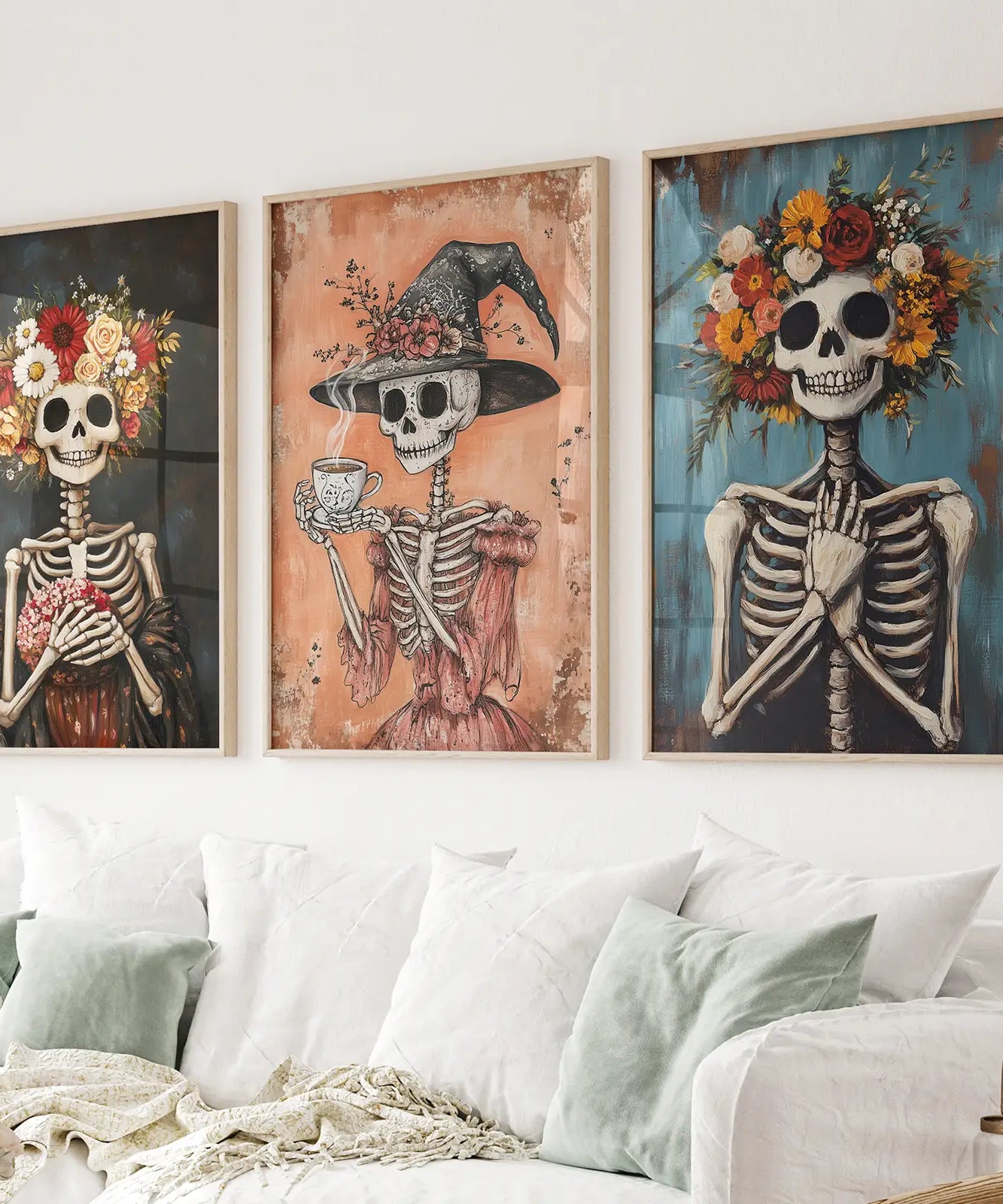 Gemütliches Blumen-Skelett-Wandkunst-Deko-Poster-Set