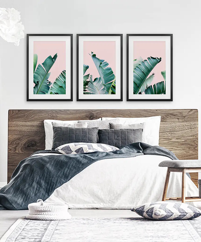 Green Banana Leaves on Pink. Tropical Triptych