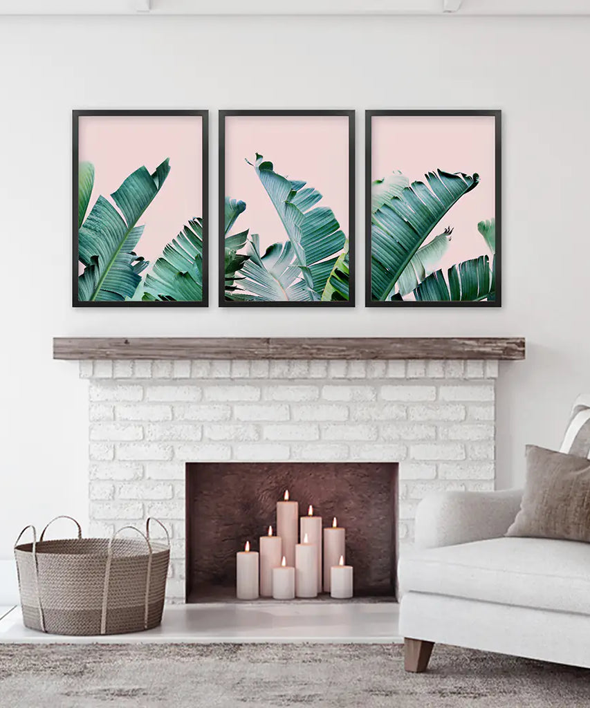 Green Banana Leaves on Pink. Tropical Triptych
