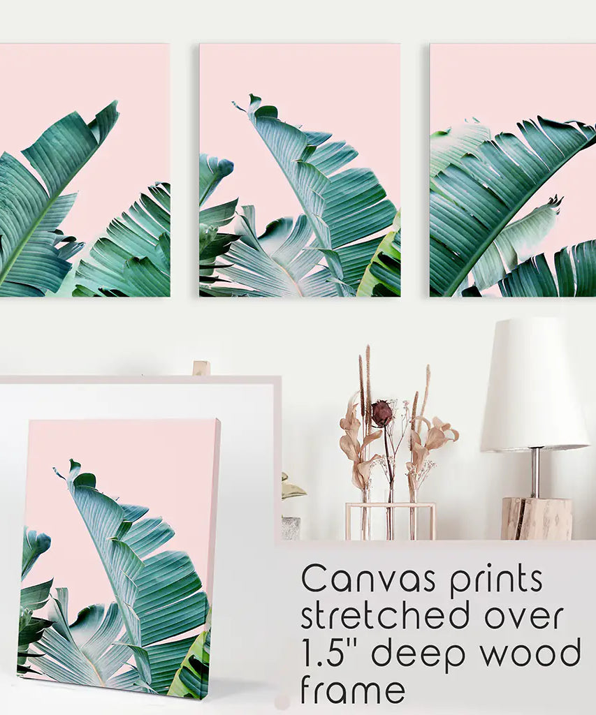 Green Banana Leaves on Pink. Tropical Triptych