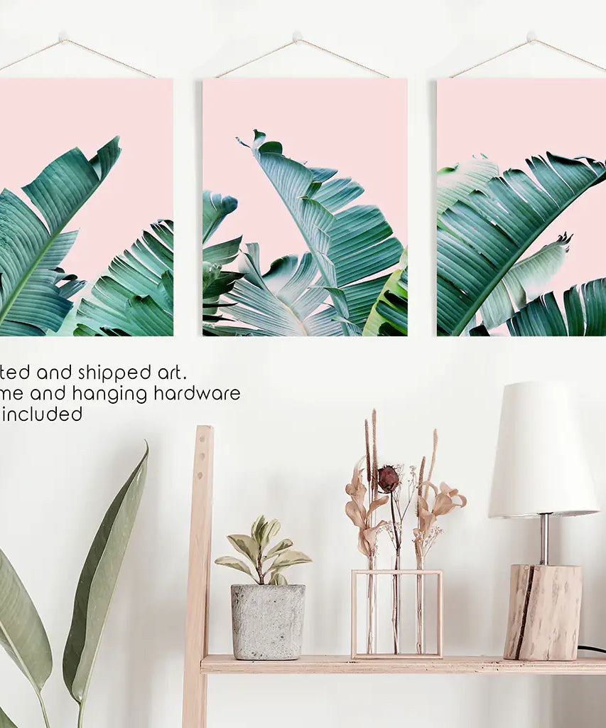 Green Banana Leaves on Pink. Tropical Triptych