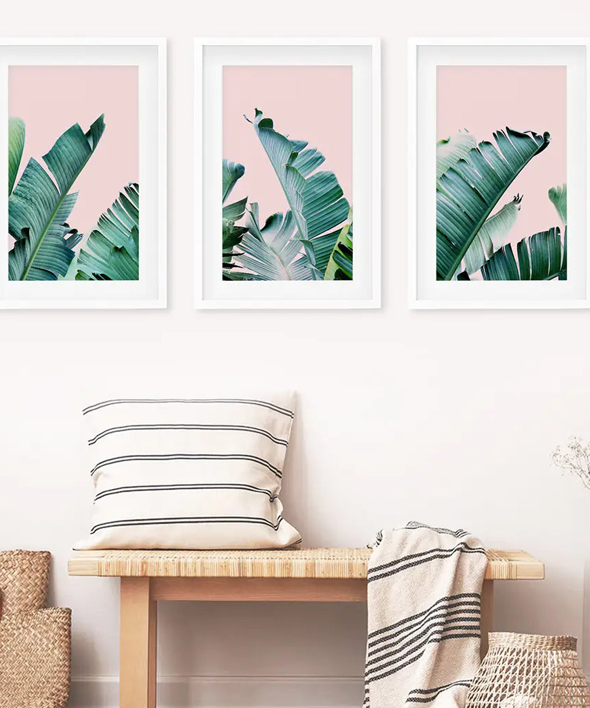 Green Banana Leaves on Pink. Tropical Triptych