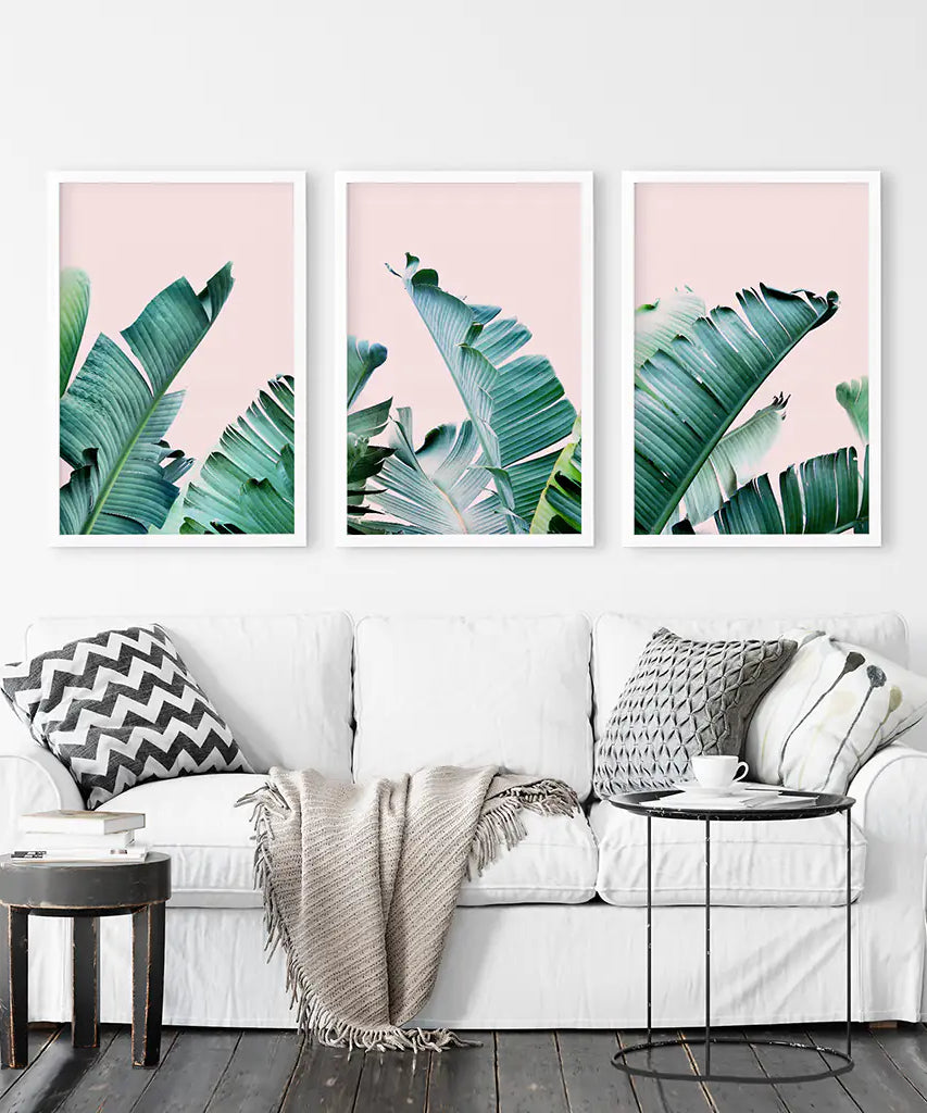 Green Banana Leaves on Pink. Tropical Triptych