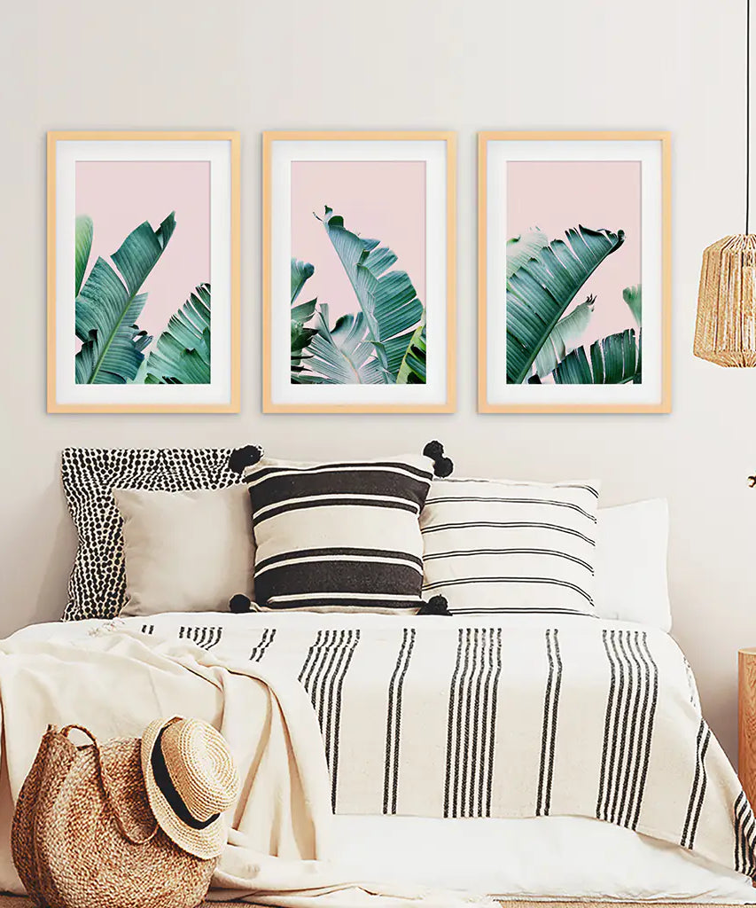 Green Banana Leaves on Pink. Tropical Triptych