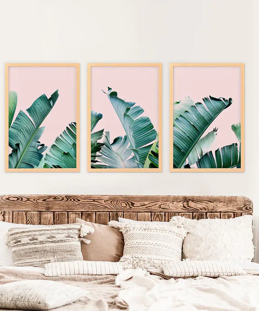 Green Banana Leaves on Pink. Tropical Triptych