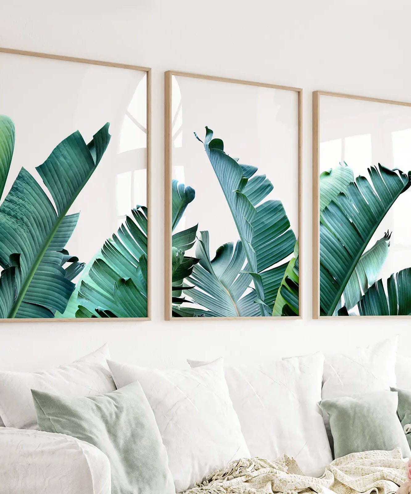 Green Banana Leaves 3 Piece Set. Tropical Wall Art
