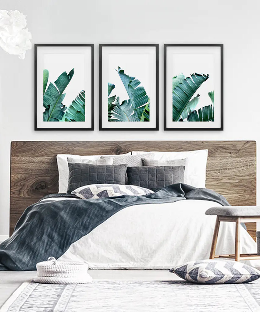 Green Banana Leaves 3 Piece Set. Tropical Wall Art
