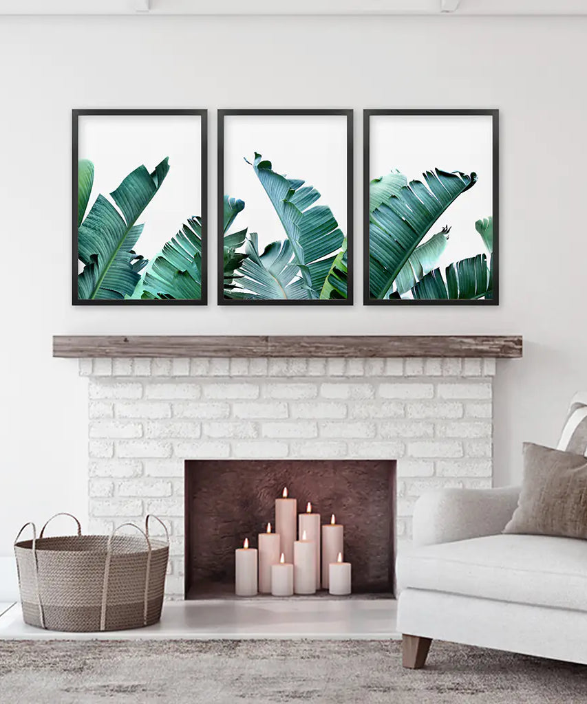 Green Banana Leaves 3 Piece Set. Tropical Wall Art