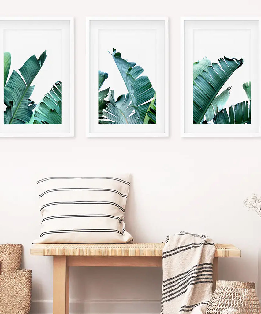 Green Banana Leaves 3 Piece Set. Tropical Wall Art