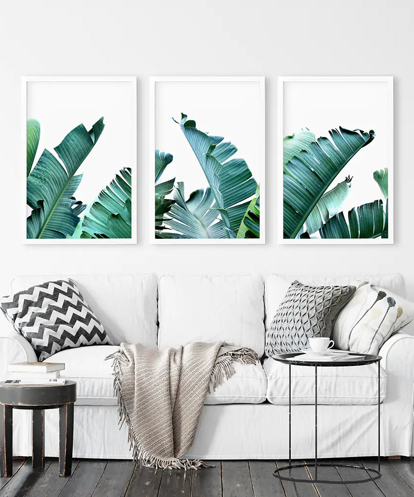 Green Banana Leaves 3 Piece Set. Tropical Wall Art