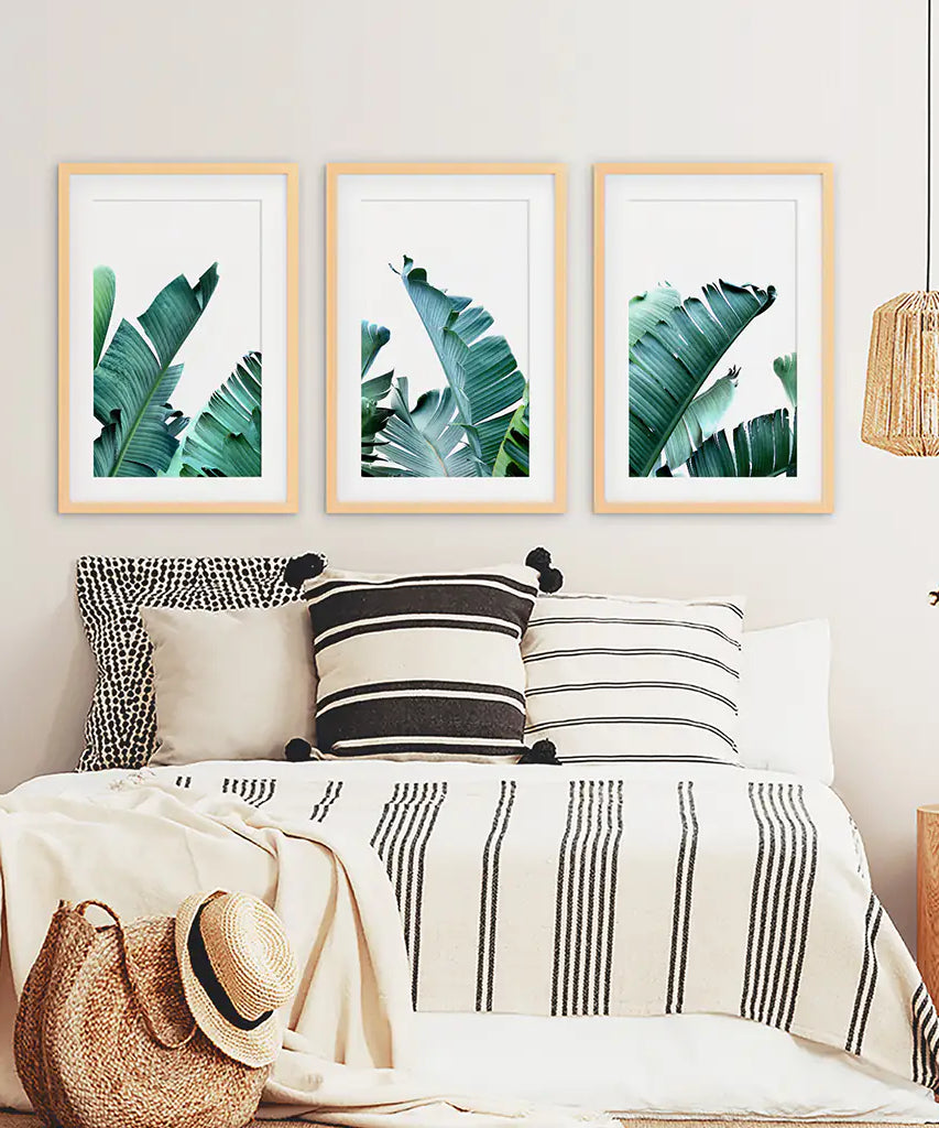 Green Banana Leaves 3 Piece Set. Tropical Wall Art
