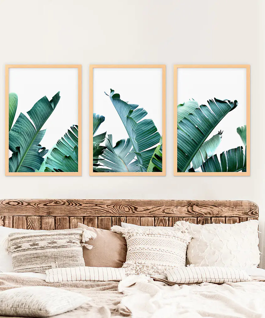 Green Banana Leaves 3 Piece Set. Tropical Wall Art
