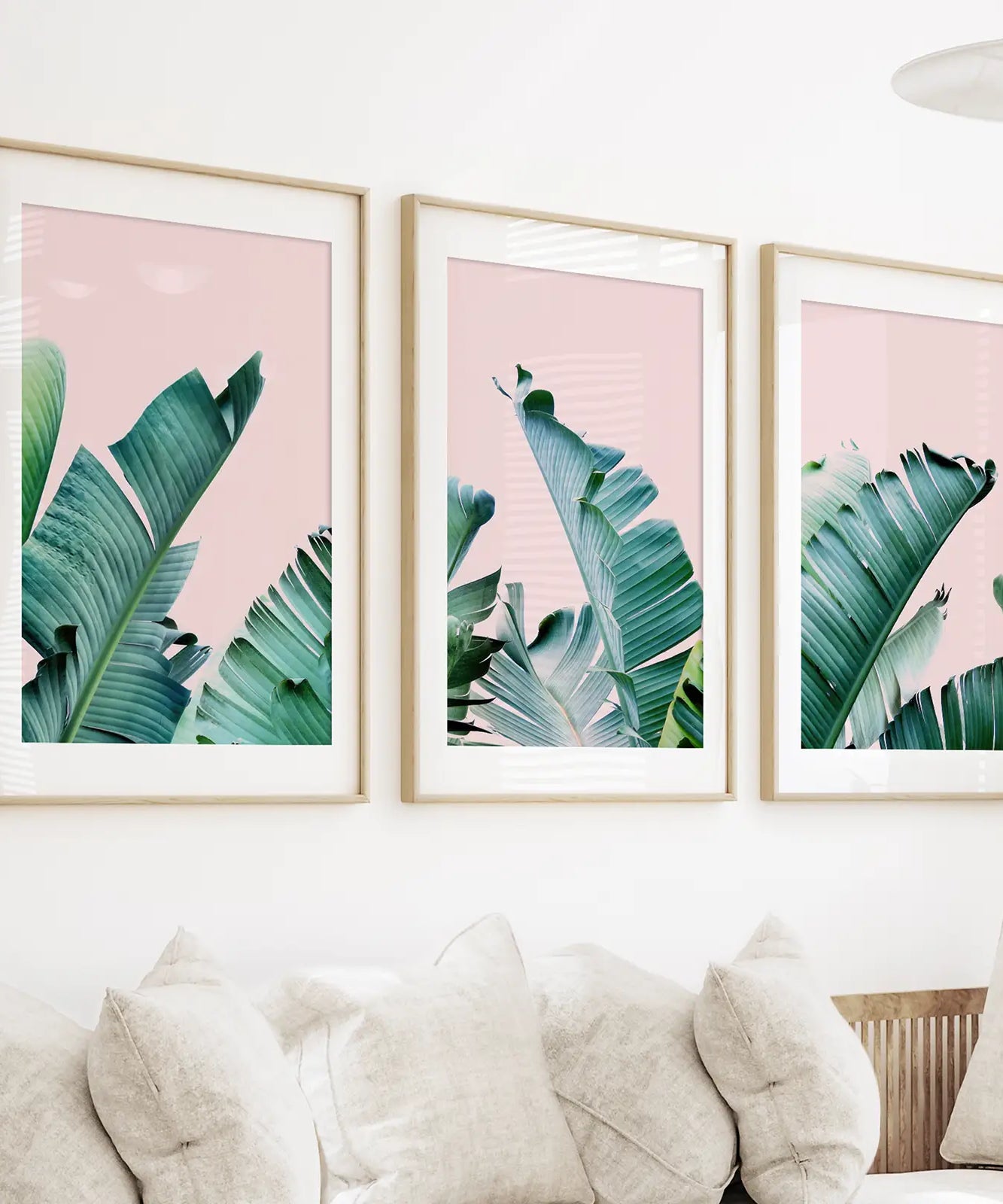 Green Banana Leaves on Pink. Tropical Triptych