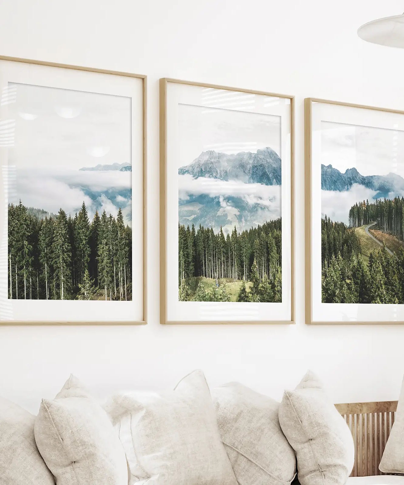 Green Pine Tree Forest. Blue Foggy Mountains. Set of 3 Prints
