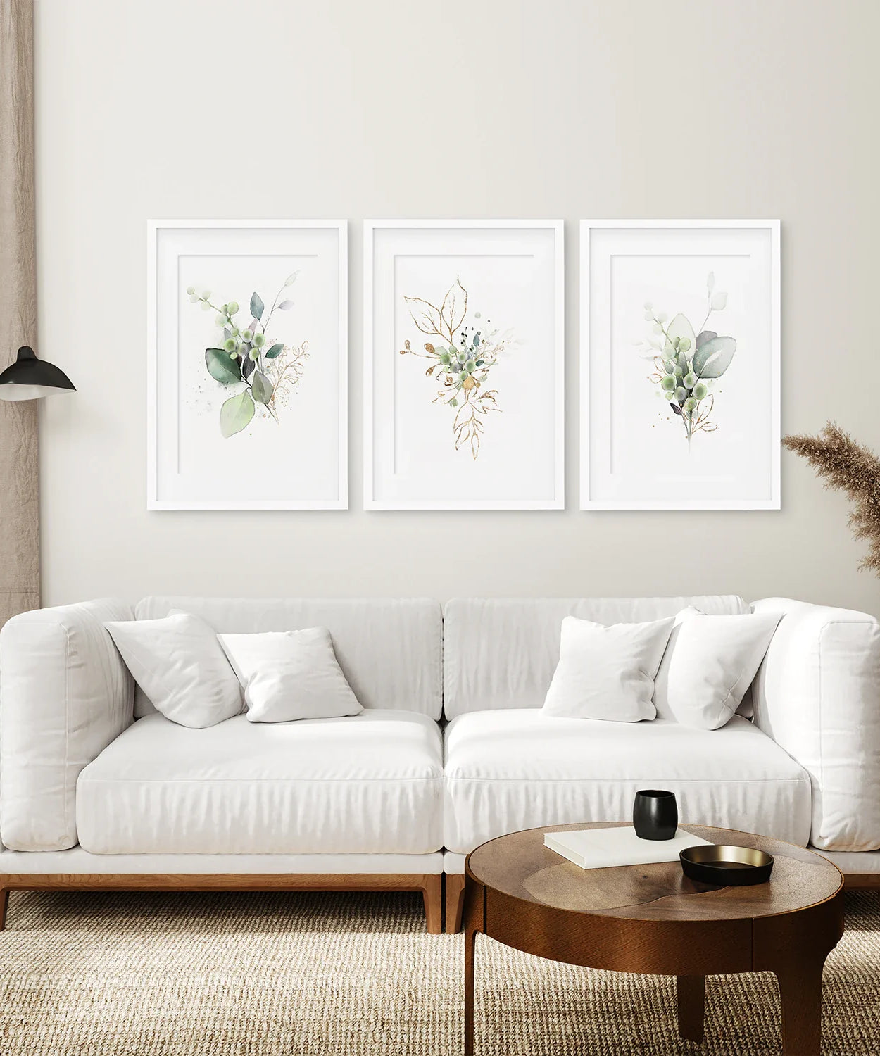 Grünes botanisches Aquarell-Kräuter-Wandbilder-Set aus 3 Drucken