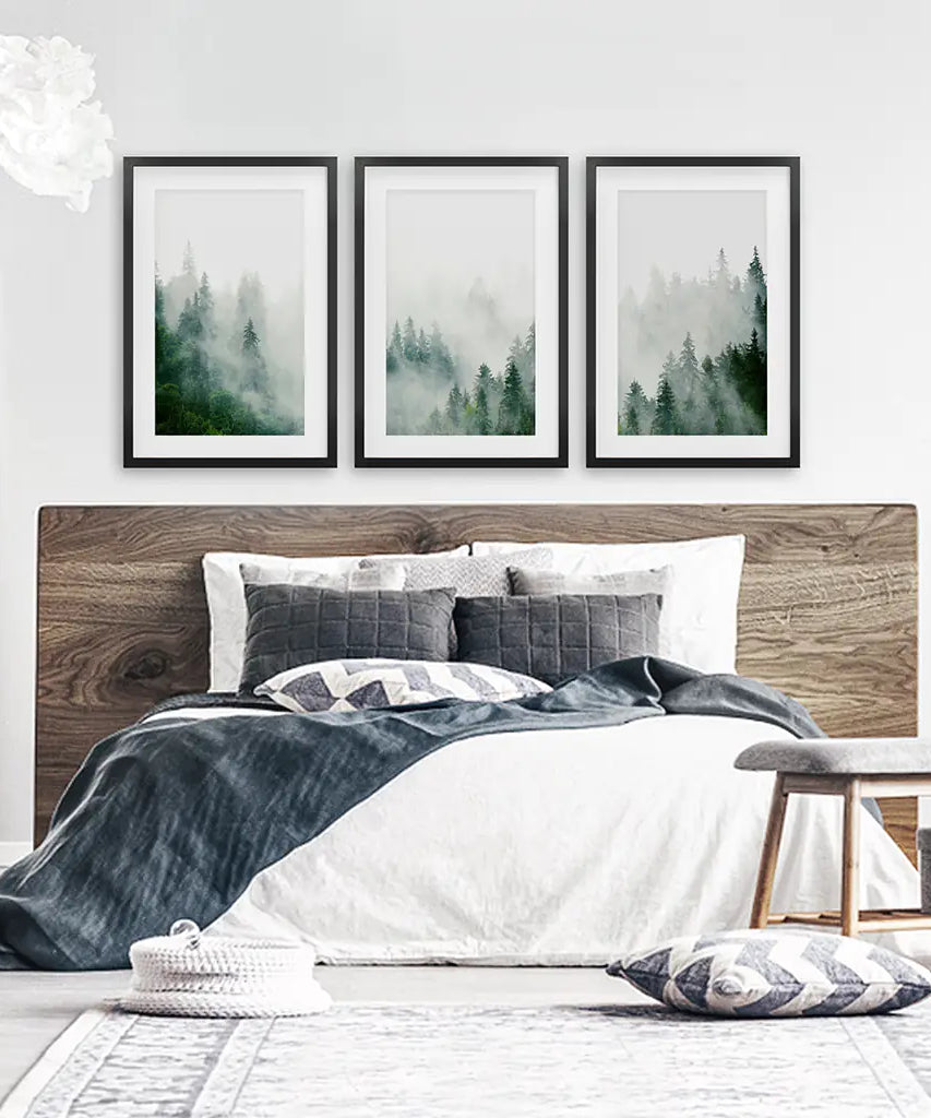 Evergreen Misty Forest Triptych. Set of 3 Prints