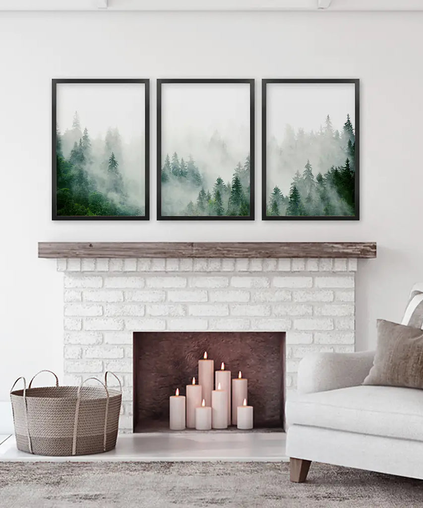 Evergreen Misty Forest Triptych. Set of 3 Prints