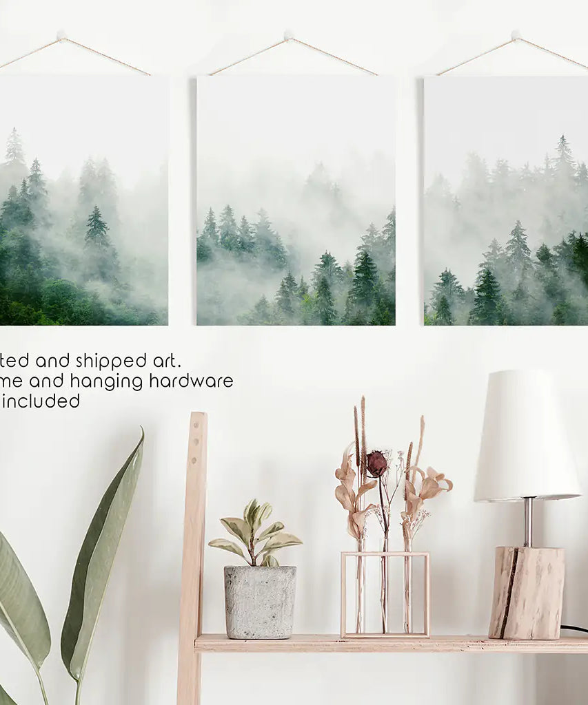 Evergreen Misty Forest Triptych. Set of 3 Prints