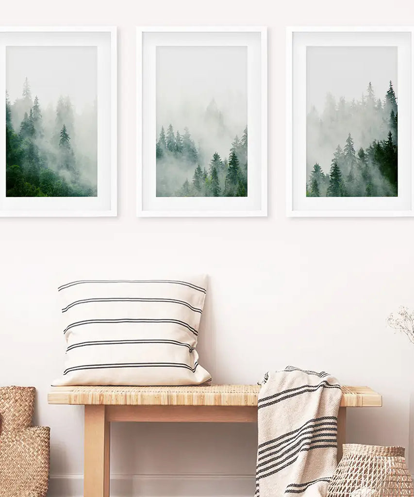 Evergreen Misty Forest Triptych. Set of 3 Prints